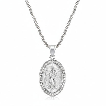 Catholic Virgin Mary Necklace - Silver - Front View