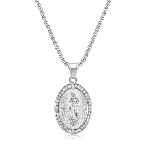 Catholic Virgin Mary Necklace - Silver - Front View