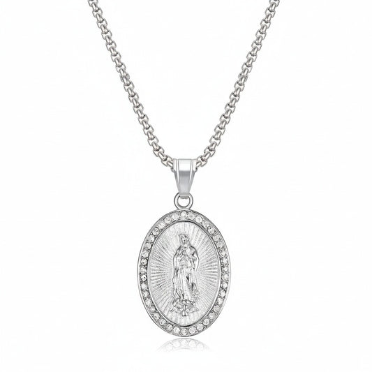 Catholic Virgin Mary Necklace - Silver - Front View