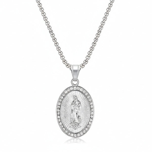 Catholic Virgin Mary Necklace - Silver - Front View