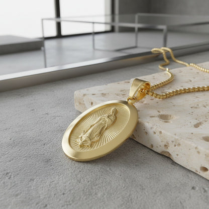 Catholic Virgin Mary Necklace - Gold - Back View