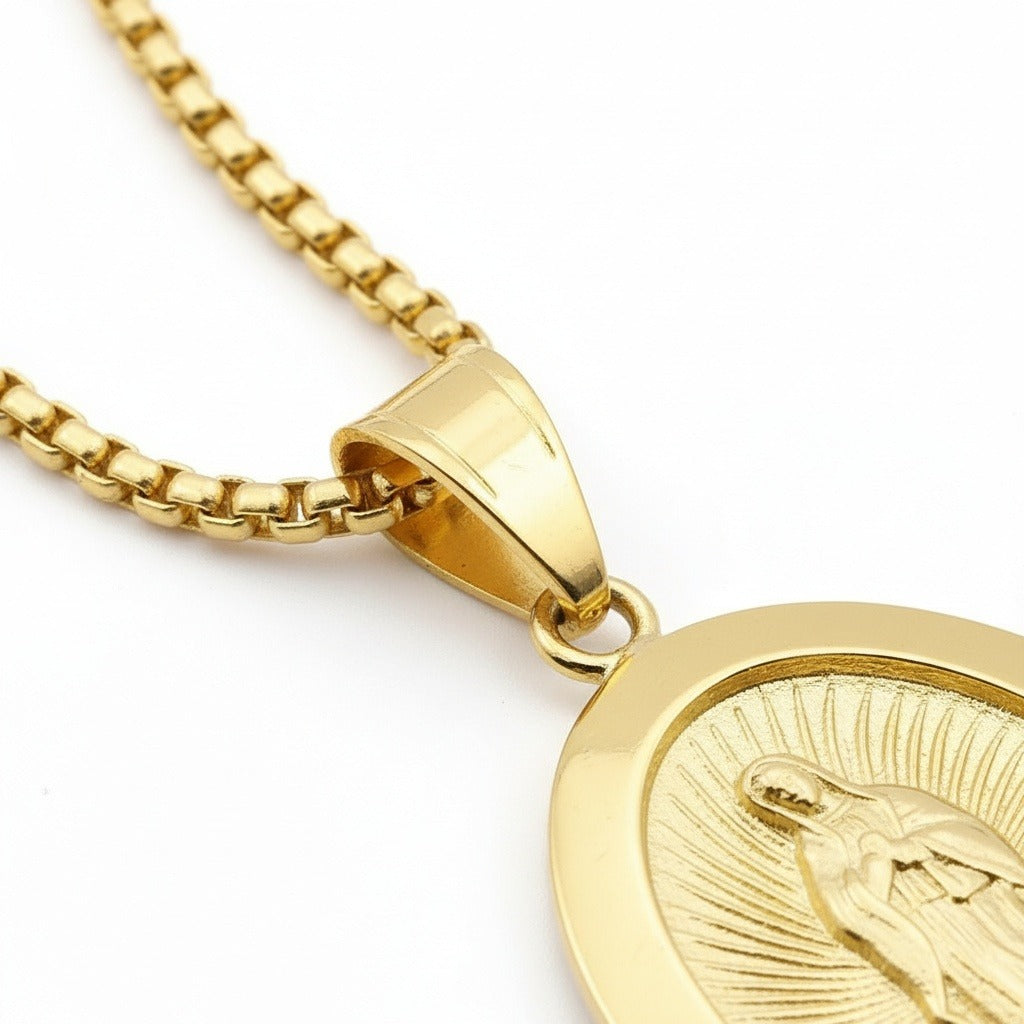 Catholic Virgin Mary Necklace - Gold - Texture Close Up