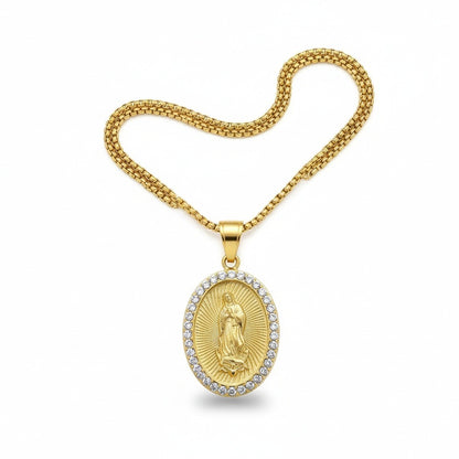 Catholic Virgin Mary Necklace - Brass Tone - Front View