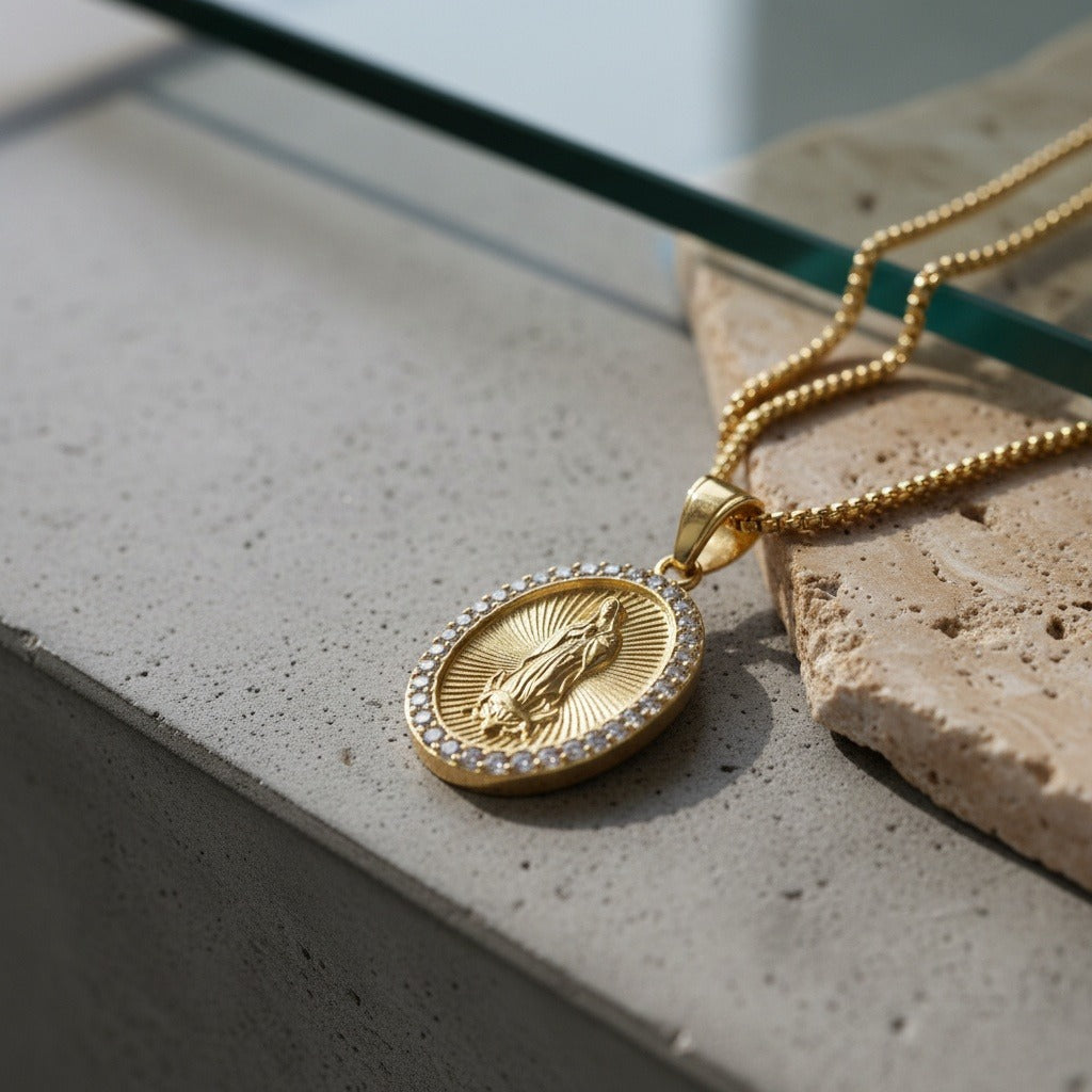 Catholic Virgin Mary Necklace - Brass Tone - Back View