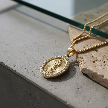 Catholic Virgin Mary Necklace - Brass Tone - Back View