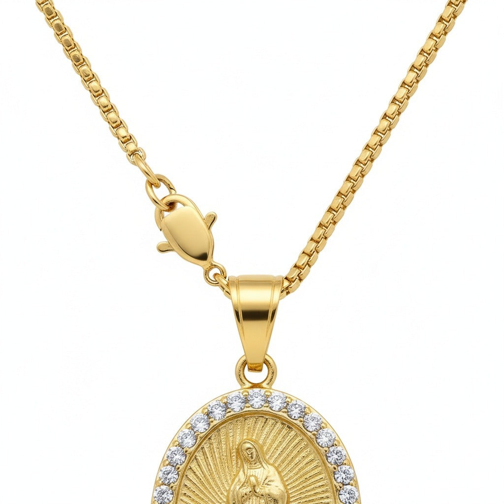 Catholic Virgin Mary Necklace - Brass Tone - Fabric Detail