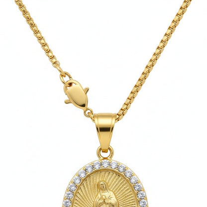 Catholic Virgin Mary Necklace - Brass Tone - Fabric Detail