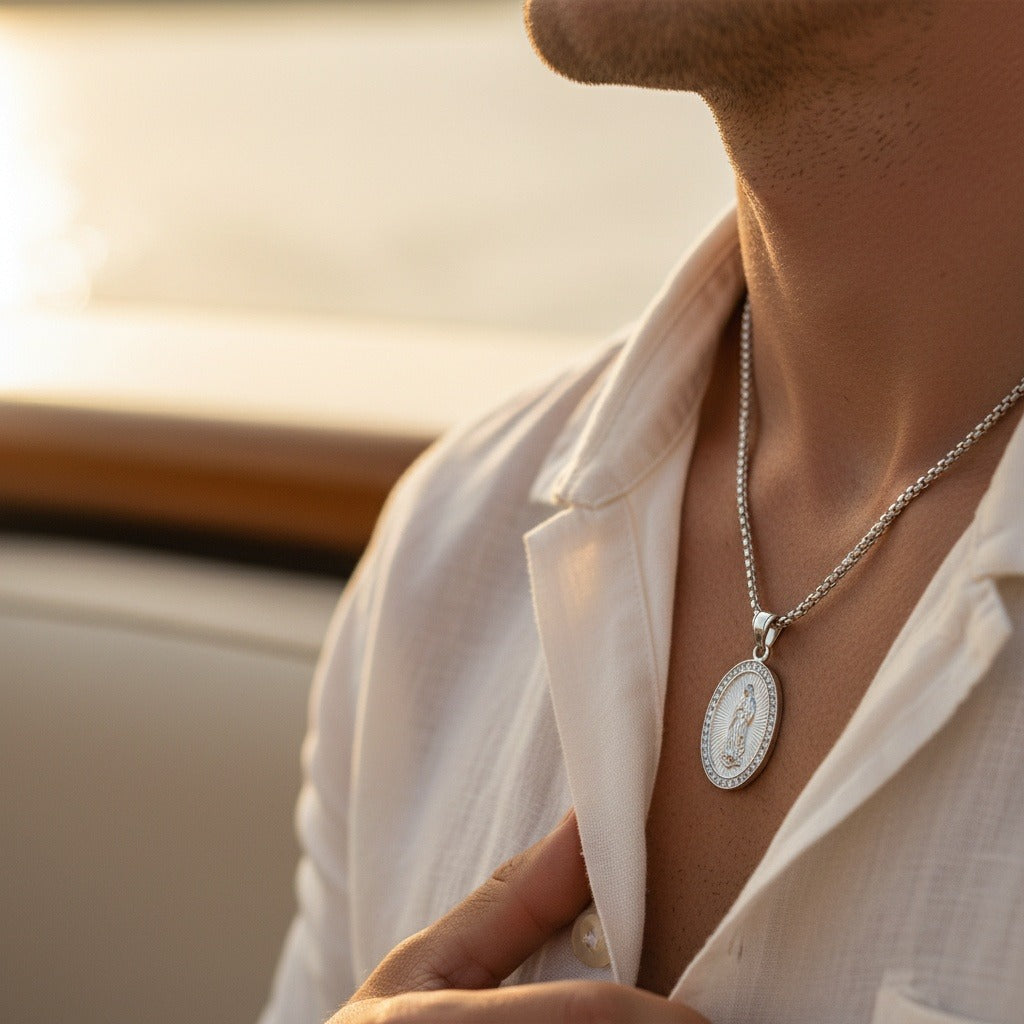 Catholic Virgin Mary Necklace - Silver - Angled Shot