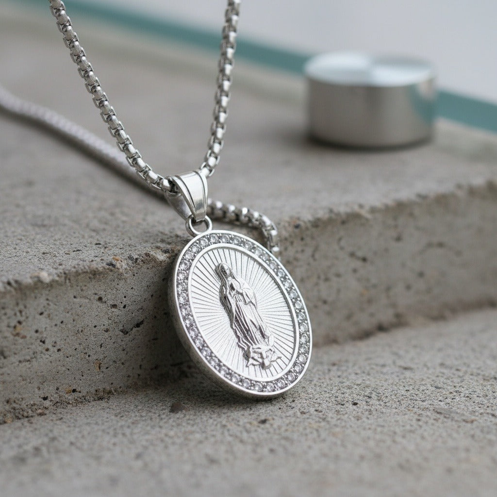 Catholic Virgin Mary Necklace - Silver - Back View