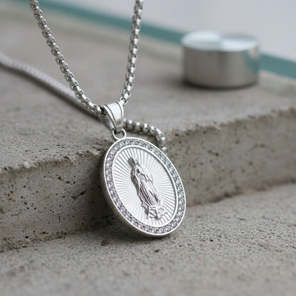 Catholic Virgin Mary Necklace - Silver - Back View