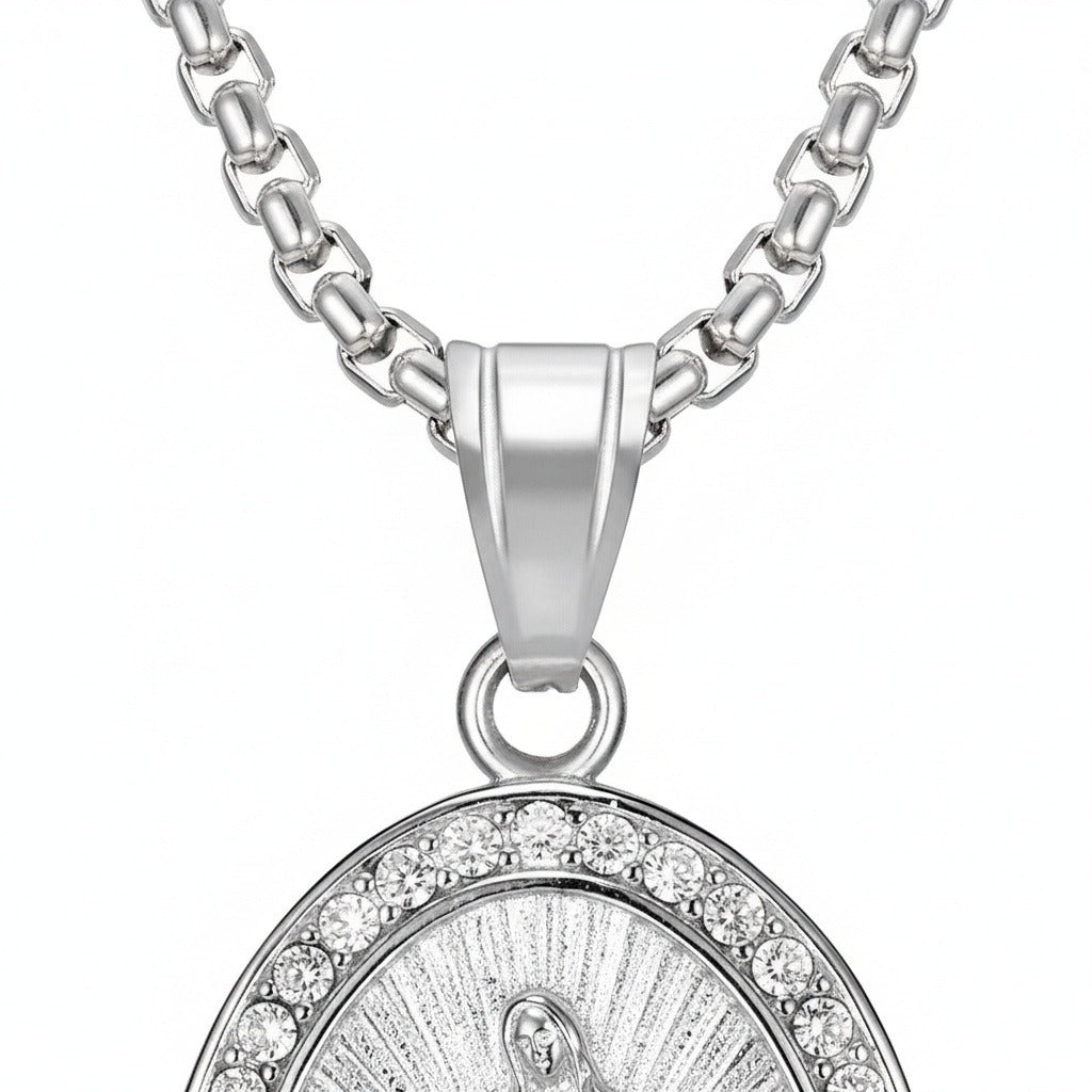 Catholic Virgin Mary Necklace - Silver - Texture Close Up