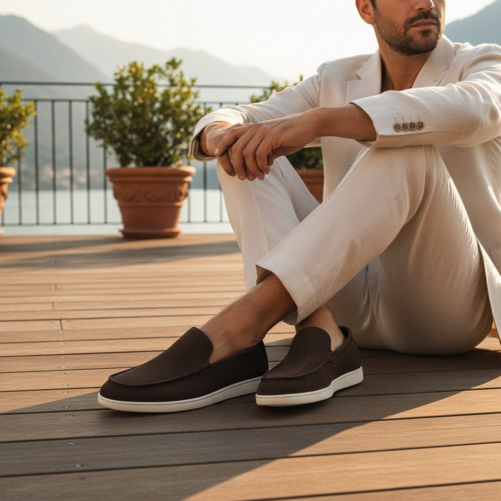 Chocolate Suede Loafers Men - Chocolate - Angled Shot