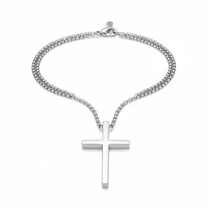 Christian Cross Necklace Mens - Silver - Front View