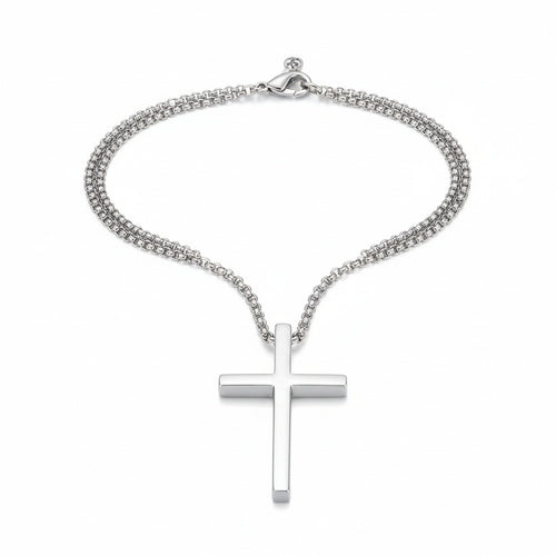 Christian Cross Necklace Mens - Silver - Front View