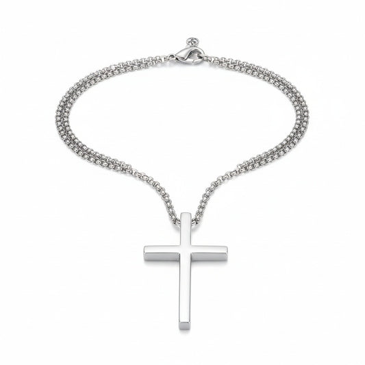 Christian Cross Necklace Mens - Silver - Front View