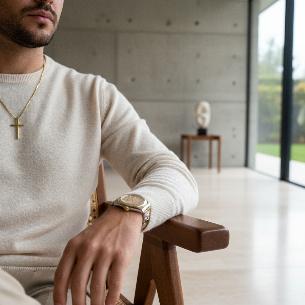Christian Cross Necklace Mens - Gold - Side Profile