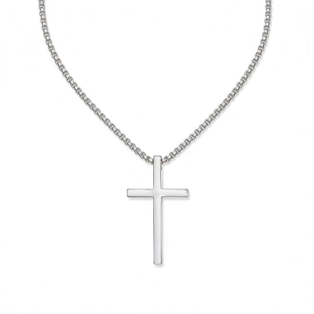 Christian Cross Necklace Mens - Platinum - Front View