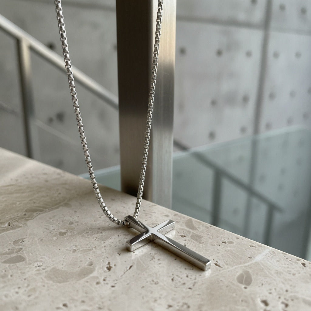 Christian Cross Necklace Mens - Platinum - Back View