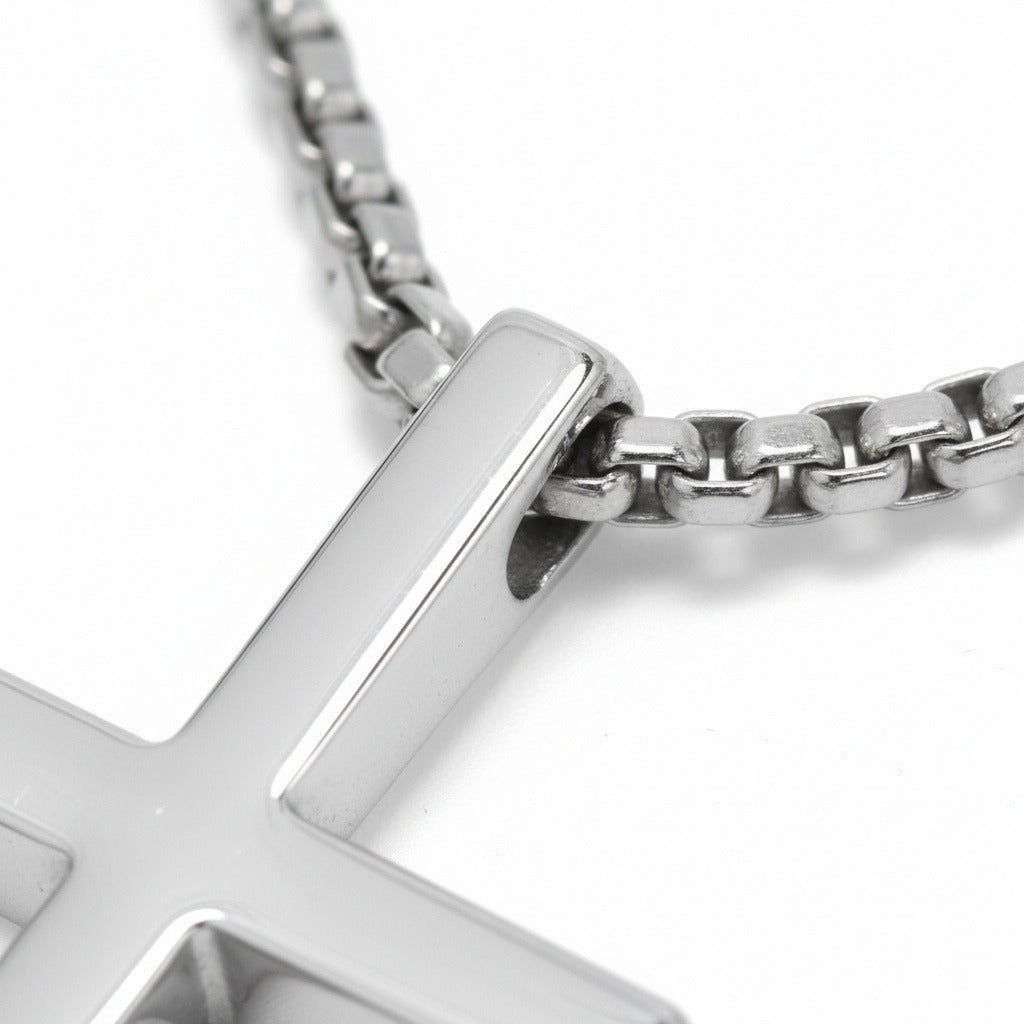 Christian Cross Necklace Mens - Platinum - Texture Close Up