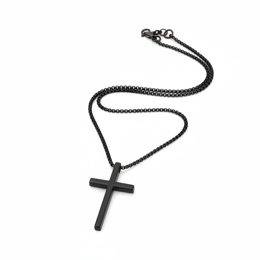 Christian Cross Necklace Mens - Black Rhodium - Front View