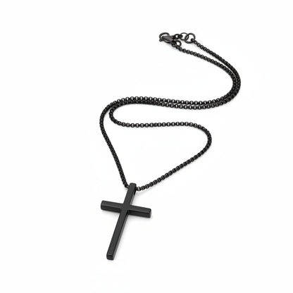 Christian Cross Necklace Mens - Black Rhodium - Front View