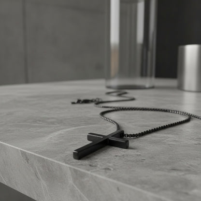 Christian Cross Necklace Mens - Black Rhodium - Back View