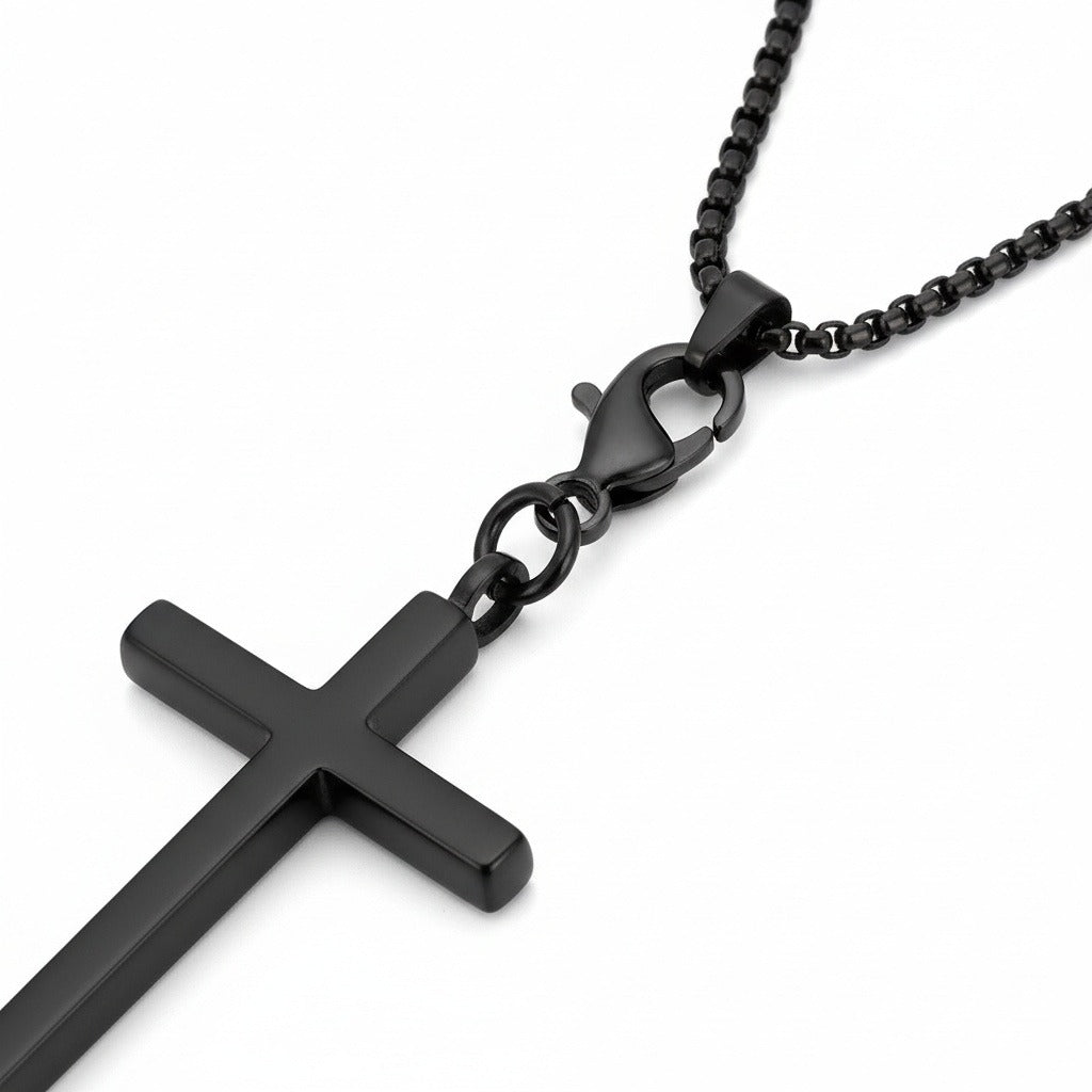 Christian Cross Necklace Mens - Black Rhodium - Fabric Detail