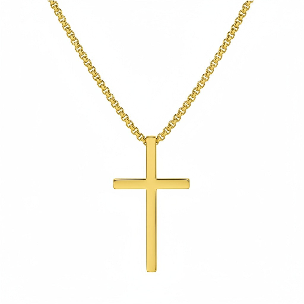 Christian Cross Necklace Mens - Gold - Front View