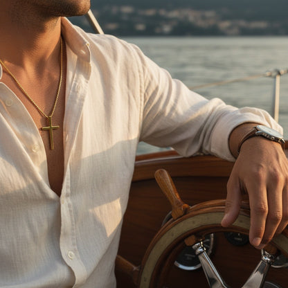 Christian Cross Necklace Mens - Gold - Angled Shot