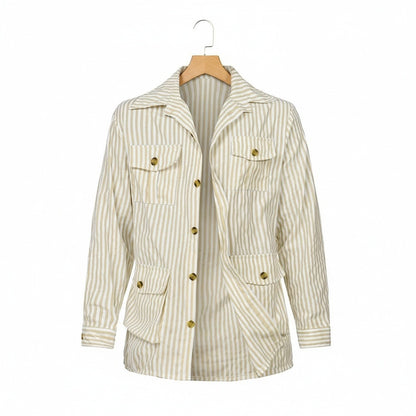 Cotton Safari Jacket - Khaki Stripe - Front View