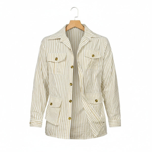 Cotton Safari Jacket - Khaki Stripe - Front View