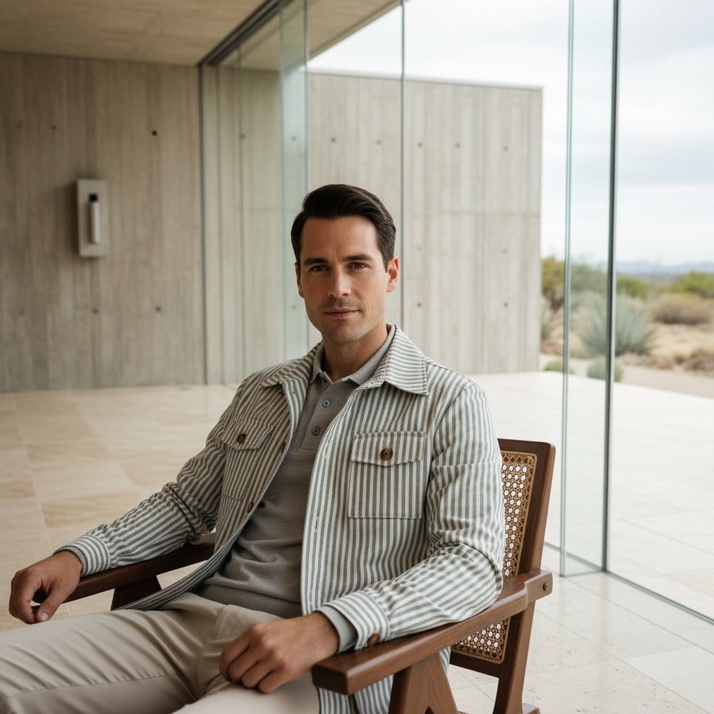 Cotton Safari Jacket - Sage Stripe - Side Profile