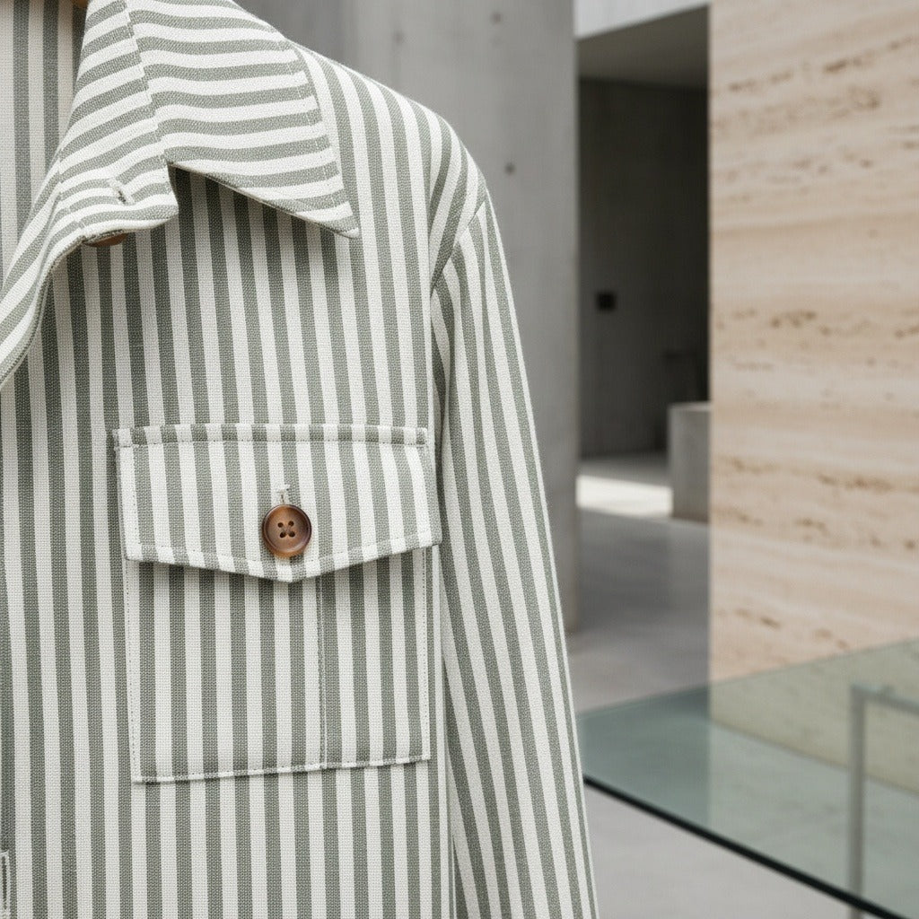 Cotton Safari Jacket - Sage Stripe - Back View