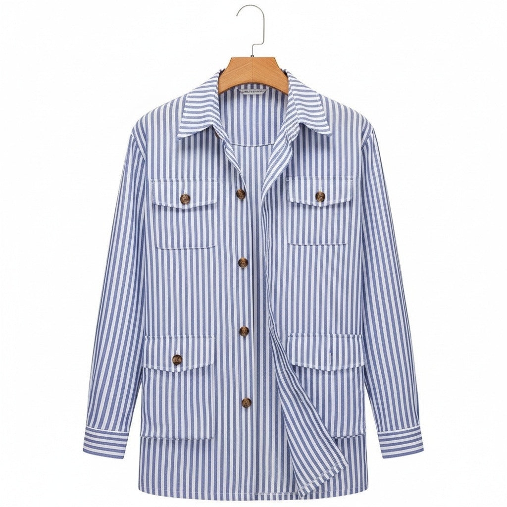 Cotton Safari Jacket - Blue Stripe - Front View