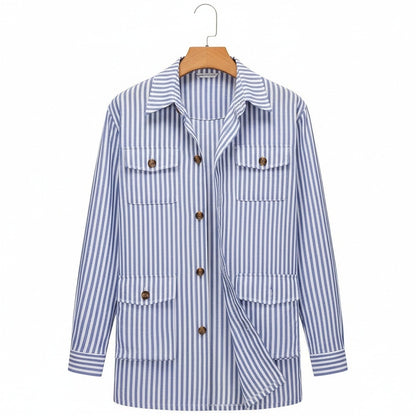 Cotton Safari Jacket - Blue Stripe - Front View