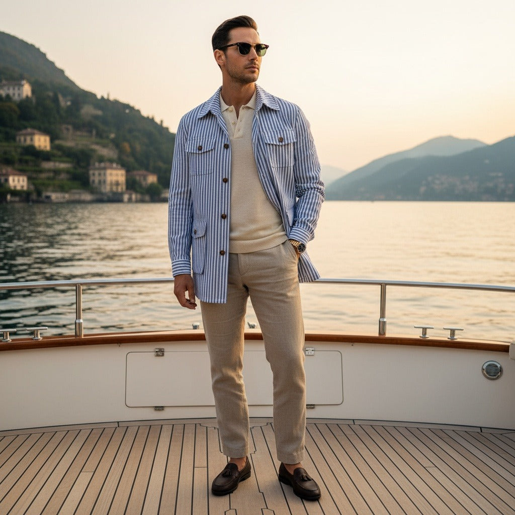 Cotton Safari Jacket - Blue Stripe - Angled Shot