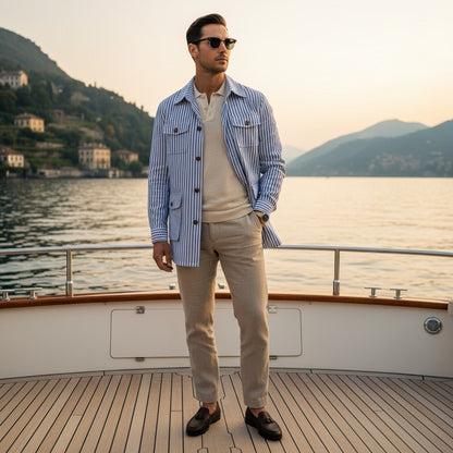 Cotton Safari Jacket - Blue Stripe - Angled Shot