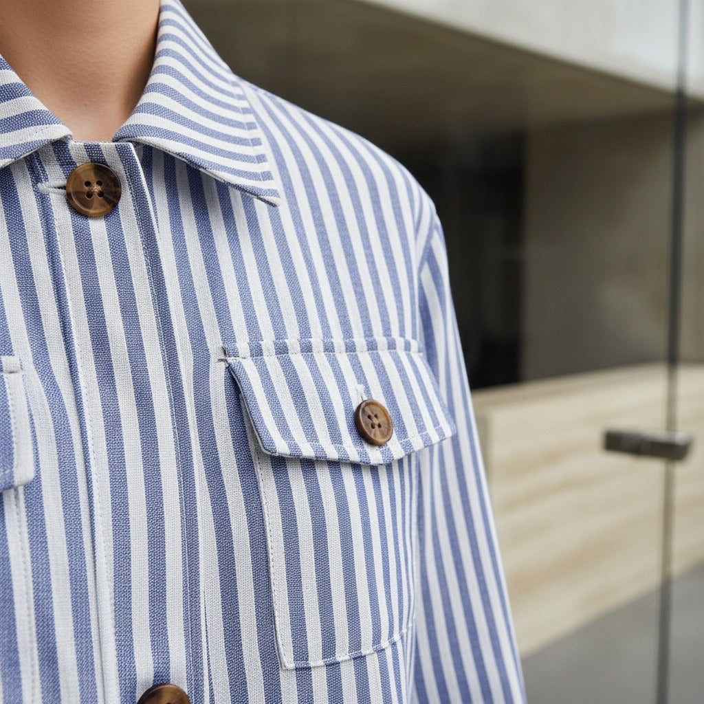 Cotton Safari Jacket - Blue Stripe - Back View