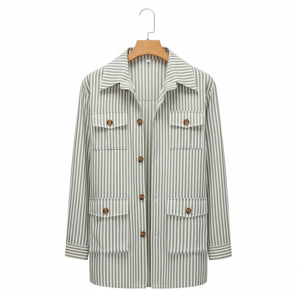 Cotton Safari Jacket - Sage Stripe - Front View