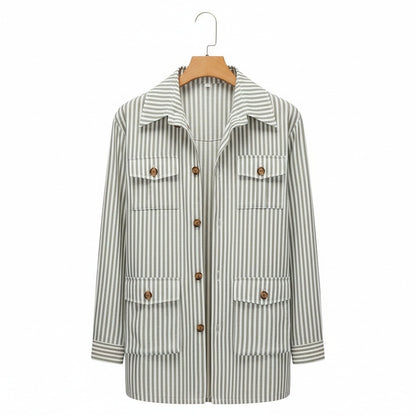 Cotton Safari Jacket - Sage Stripe - Front View