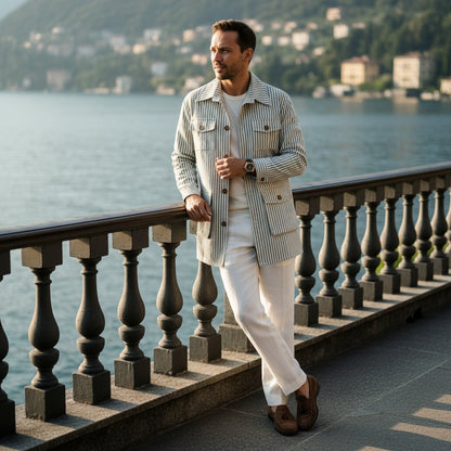 Cotton Safari Jacket - Sage Stripe - Angled Shot