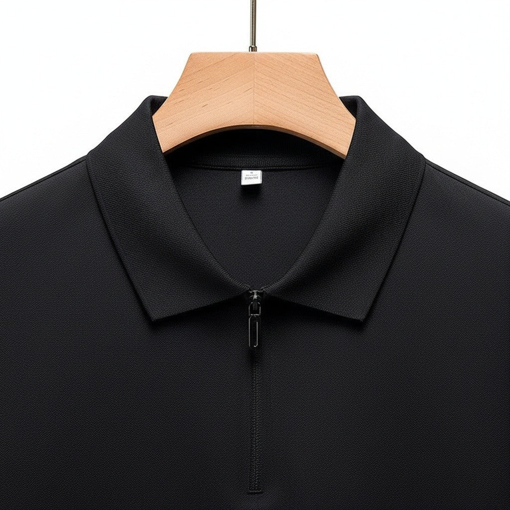 Cotton Zip Polo - Black - Front View