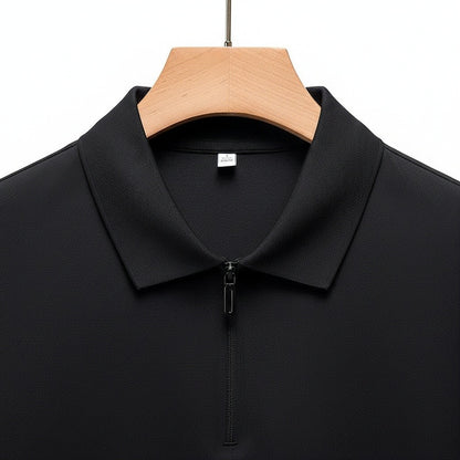 Cotton Zip Polo - Black - Front View
