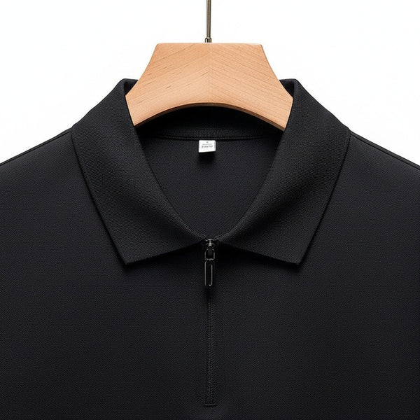 Cotton Zip Polo - Black - Front View