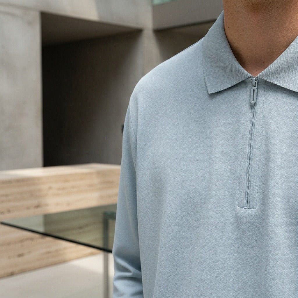 Cotton Zip Polo - Powder Blue - Back View