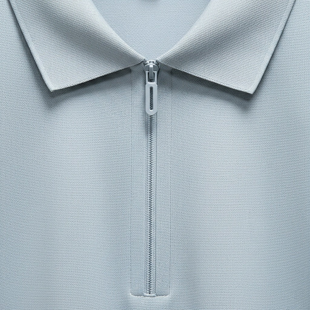 Cotton Zip Polo - Powder Blue - Texture Close Up