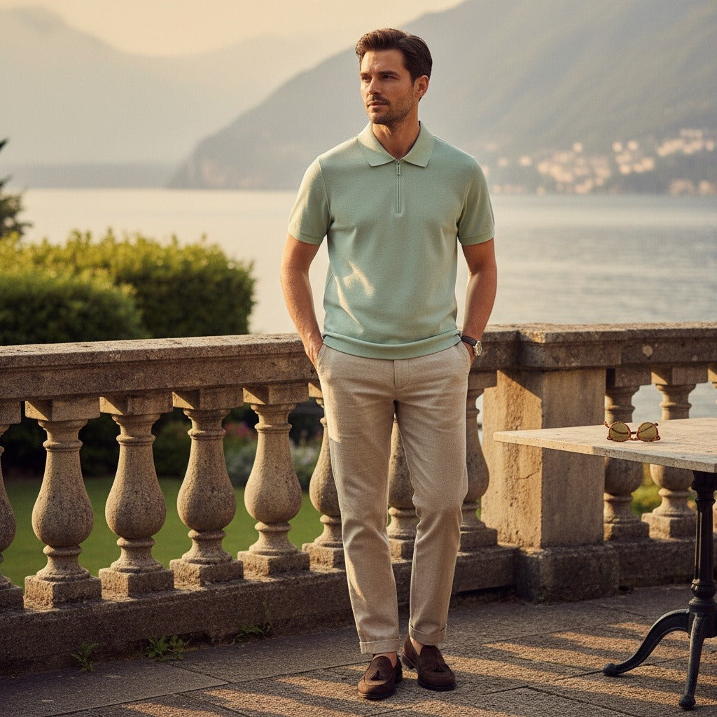 Cotton Zip Polo - Mint Green - Angled Shot