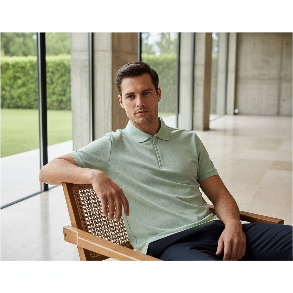 Cotton Zip Polo - Mint Green - Side Profile