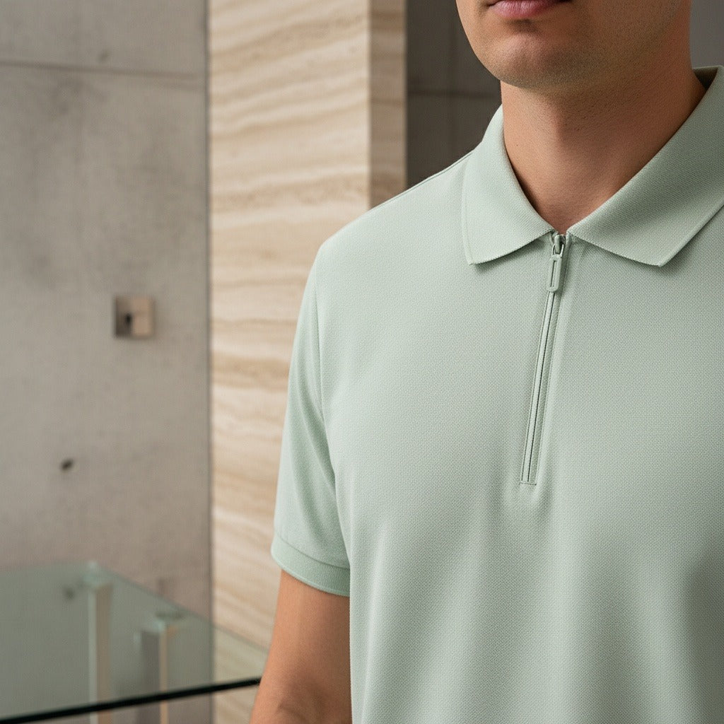 Cotton Zip Polo - Mint Green - Back View