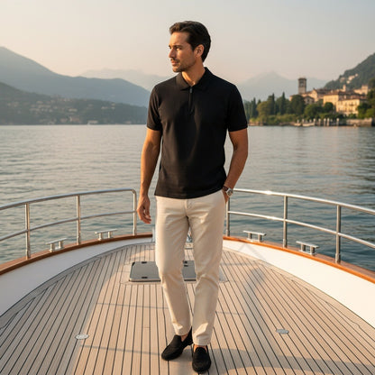 Cotton Zip Polo - Black - Angled Shot